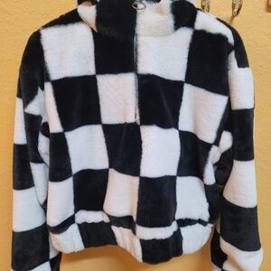 Fuzzy Cropped checkered Black and White BW Forever 21 jacket